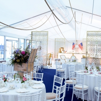 Cunard event marquee with tables and bar